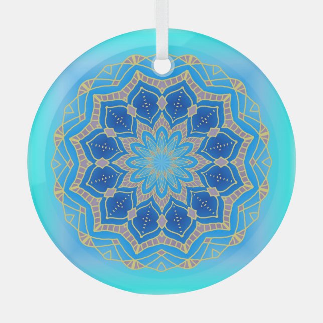 Lotus mandala in turquoise and blue glass tree decoration (Front)