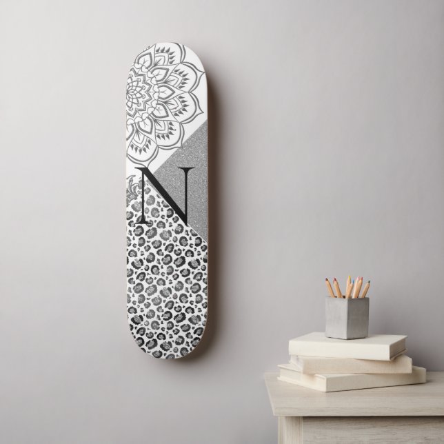 Lotus Mandala Leopard Silver Glitter Monogram Skateboard (Wall Art)