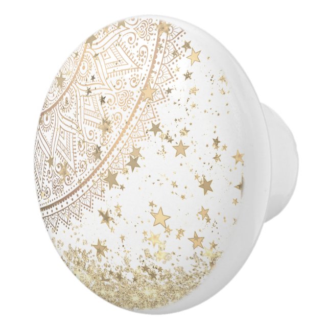 Lotus Mandala with Gold Stars on White      Ceramic Knob (Right)