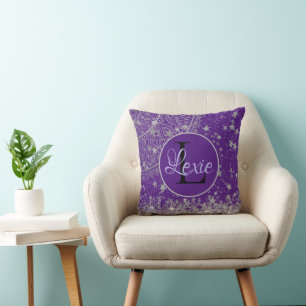 Lotus Mandala with Silver Stars on Purple   Cushion