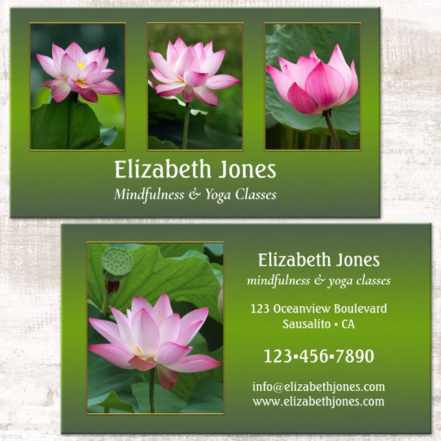 Lotus Mindfulness Yoga Your Photos Business Card (Elegant green design business card with pink lotus flowers or custom photos - meditation - yoga)