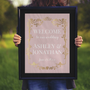 Lotus Pink and Gold Roses Frame Wedding Welcome   Poster