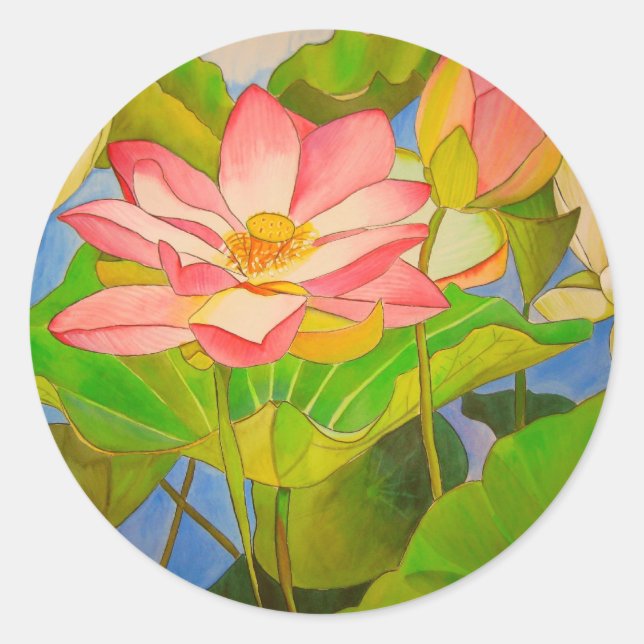 Lotus pink waterlily watercolor art painting classic round sticker (Front)