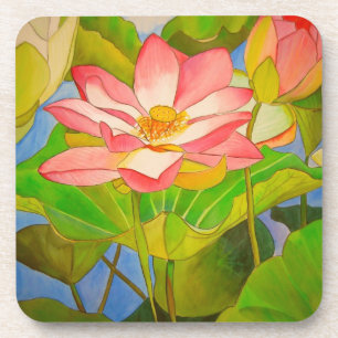 Lotus pink waterlily watercolor art painting coaster