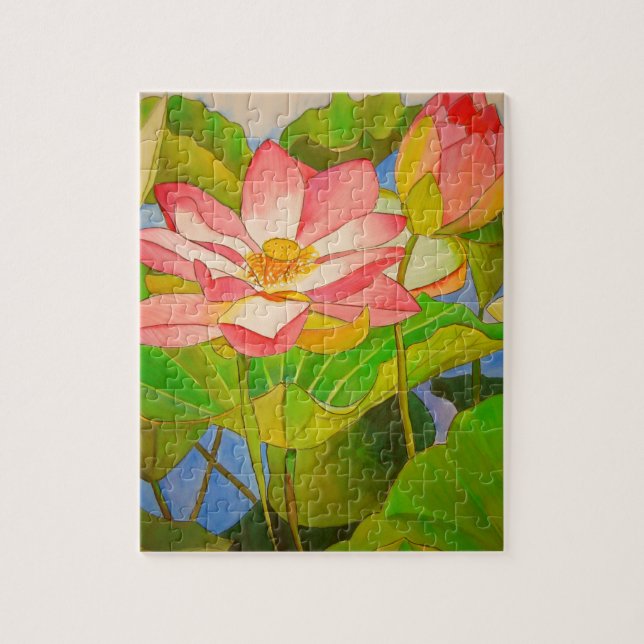 Lotus pink waterlily watercolor art painting jigsaw puzzle (Vertical)