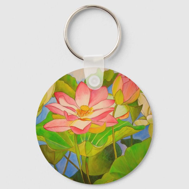 Lotus pink waterlily watercolor art painting key ring (Front)