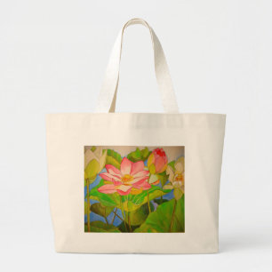 Lotus pink waterlily watercolor art painting large tote bag