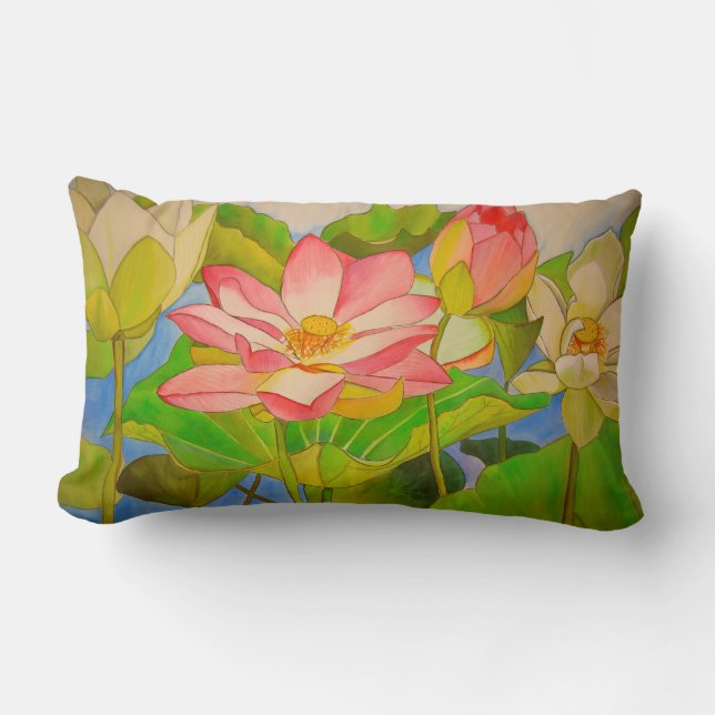 Lotus pink waterlily watercolor art painting lumbar cushion (Front)