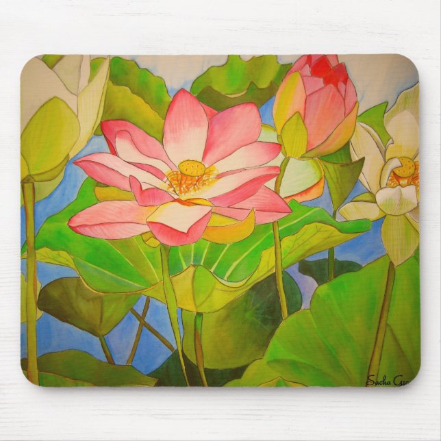 Lotus pink waterlily watercolor art painting mouse pad (Front)