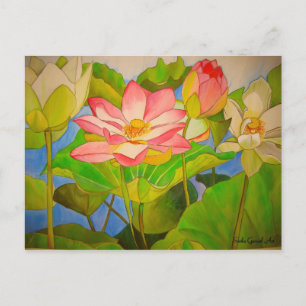 Lotus pink waterlily watercolor art painting postcard