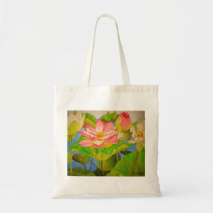 Lotus pink waterlily watercolor art painting tote bag