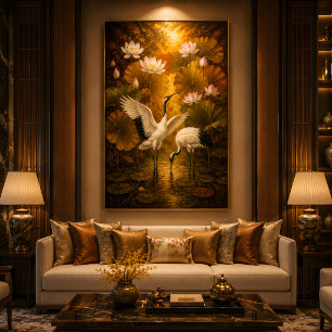 Lotus Sunset Crane Couple Romantic Oil Painting Canvas Print