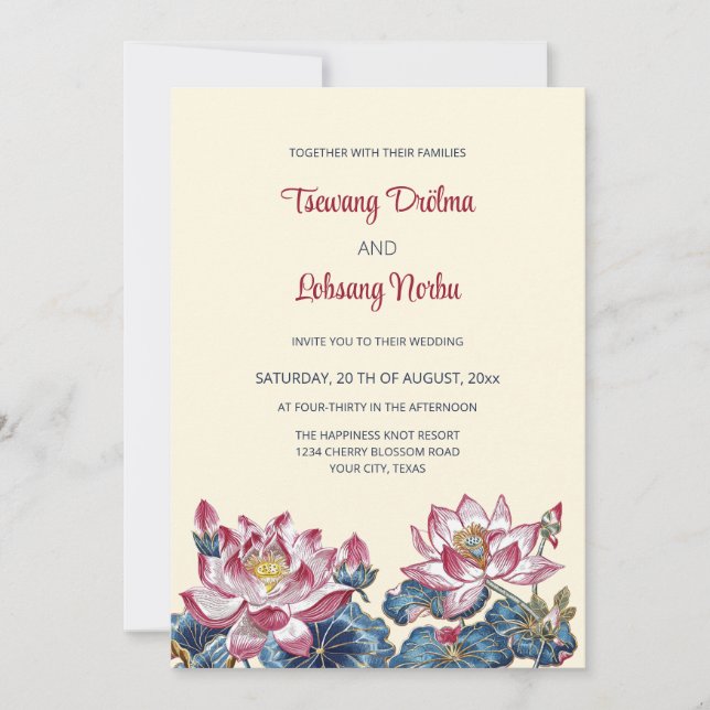 Lotus Tibetan Art Style Wedding  Invitation (Front)