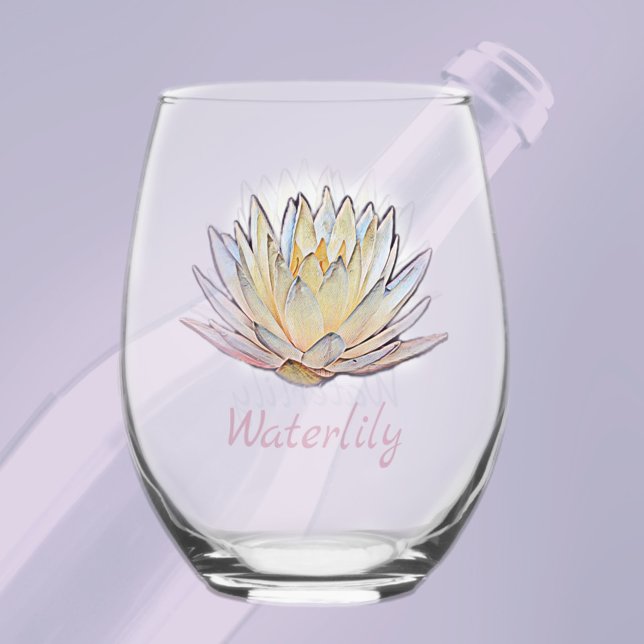 Lotus Waterlily Blossom Pastel Floral Stemless Wine Glass (Creator Uploaded)