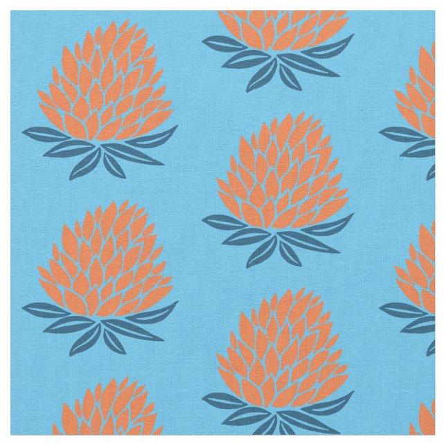 Lotus Waterlily Orange Blue Pattern Fabric (Close Up)