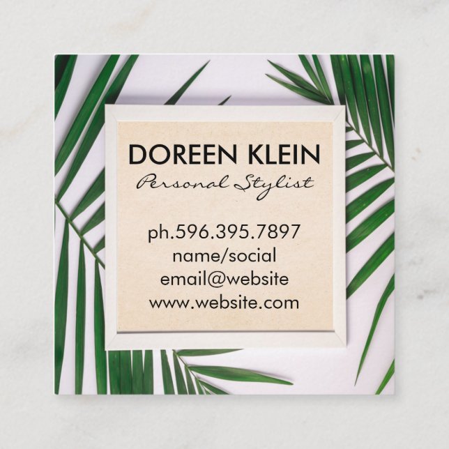 Lotus Woman | Green Leave Frame Square Business Card (Back)
