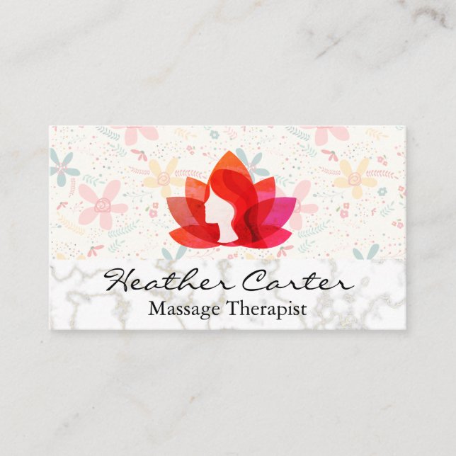 Lotus Woman Icon | Gold Marble | Flower Doodles Business Card (Front)