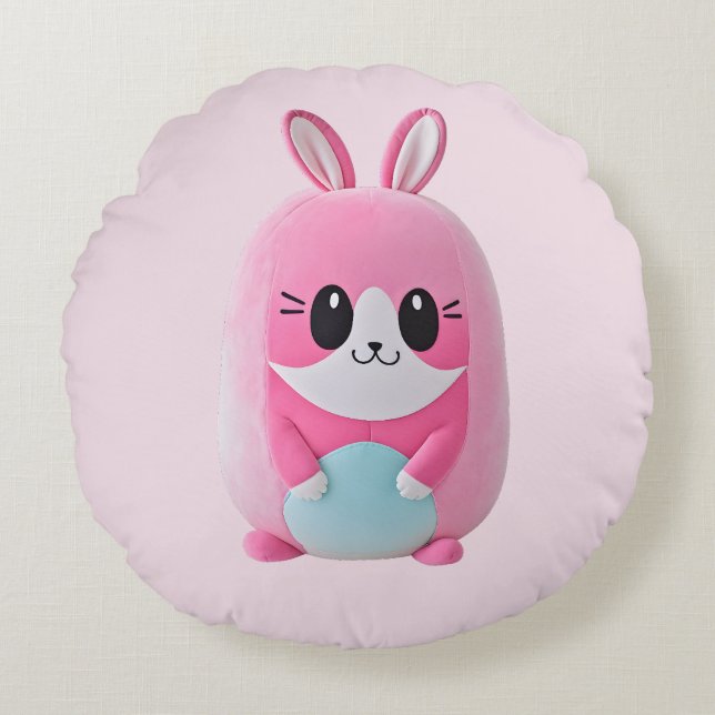 "Lou Lou". A cuddly, pink creature. Round Cushion (Front)