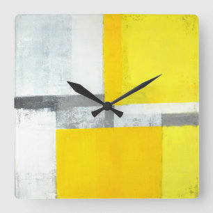 'Loud' Grey and Yellow Abstract Art Square Wall Clock