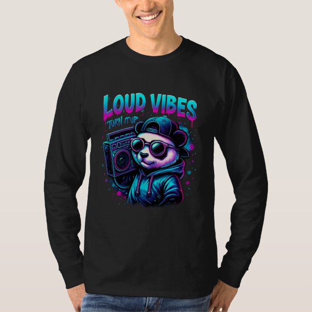 Loud Vibes DJ Panda | Neon Retro Boombox T-Shirt (Front)