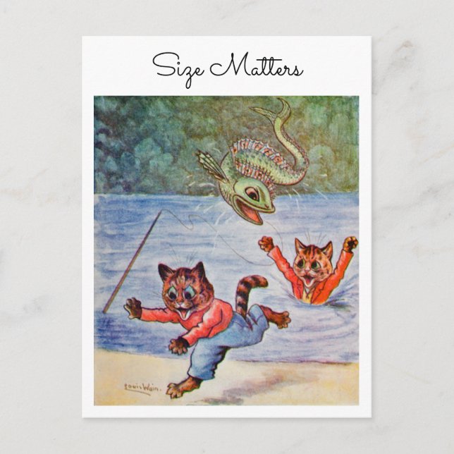 Louis Wain Macho Fun Fishing Cats Size Matters  Postcard (Front)