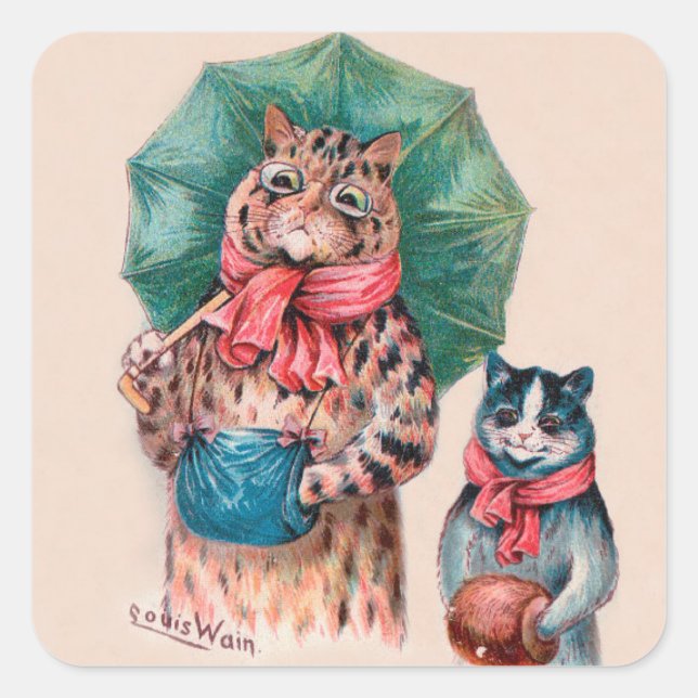 Louis Wain's Cat and Kitten With Umbrellas Square Sticker (Front)