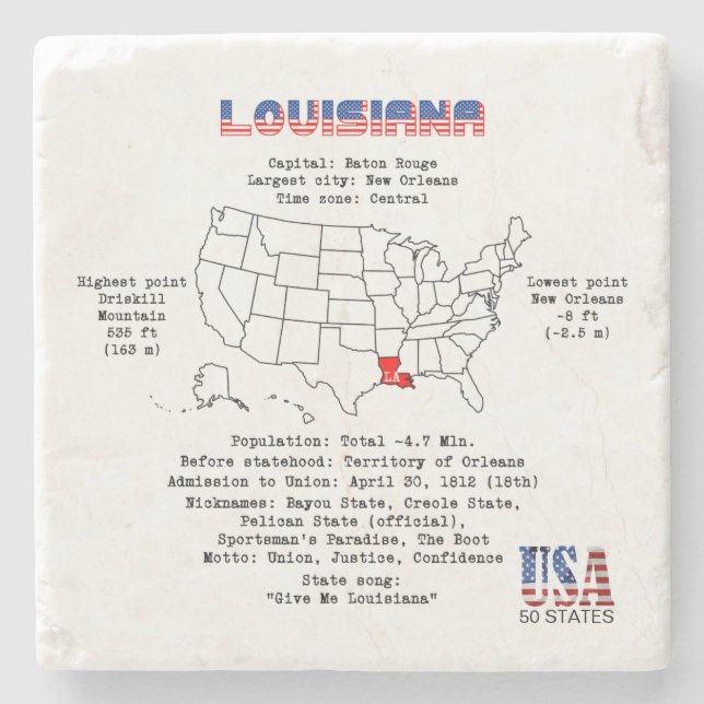 Louisiana American state on a map and useful info Stone Coaster (Front)