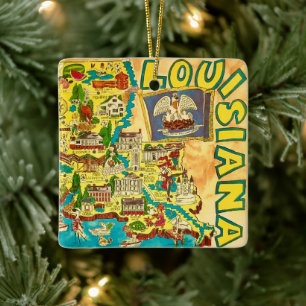 Louisiana Colourful Map Ceramic Ornament