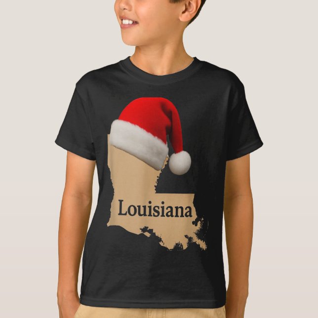 Louisiana Map Santa Hat Funny Christmas Cajun Holi T-Shirt (Front)