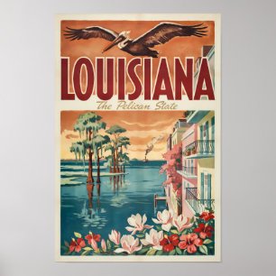 Louisiana Pelican State Illustration Travel Art Poster