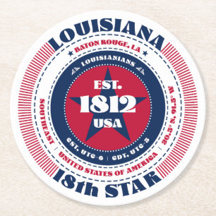 Louisiana Red White Blue Typography Round Paper Coaster