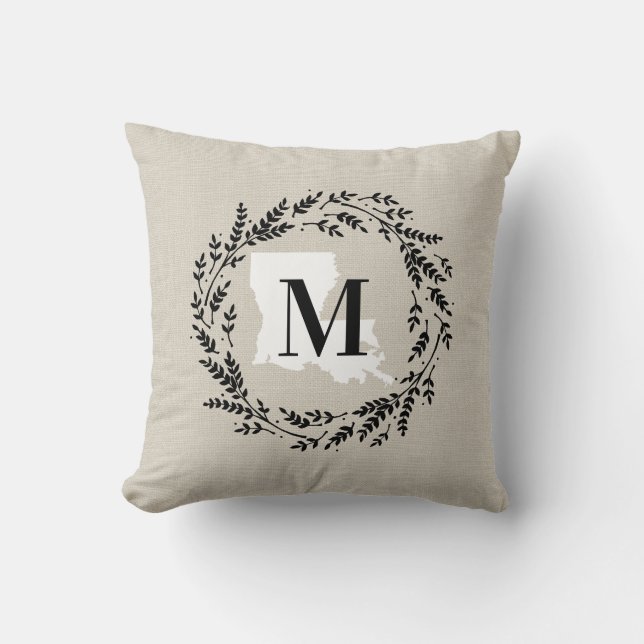 Louisiana Rustic Wreath Monogram Throw Pillow (Front)