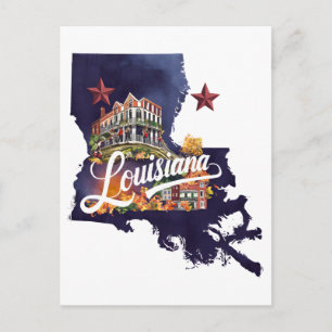 Louisiana USA State Shaped Vintage Watercolor Postcard