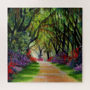 Louisianian lane of trees/moss and flowers jigsaw puzzle