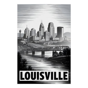 Louisville Kentucky Skyline Black White Woodcut Poster