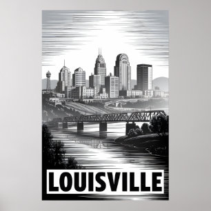 Louisville Kentucky Skyline Black White Woodcut Poster