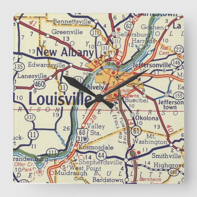 Louisville KY Classic Map Square Wall Clock (Front)