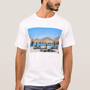 Lounge Chairs And Thatch Umbrellas On Beach T-Shirt