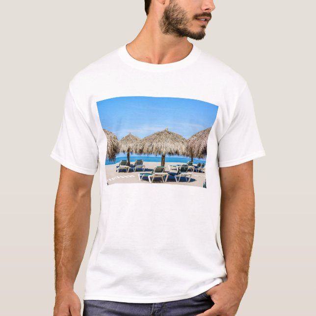 Lounge Chairs And Thatch Umbrellas On Beach T-Shirt (Front)