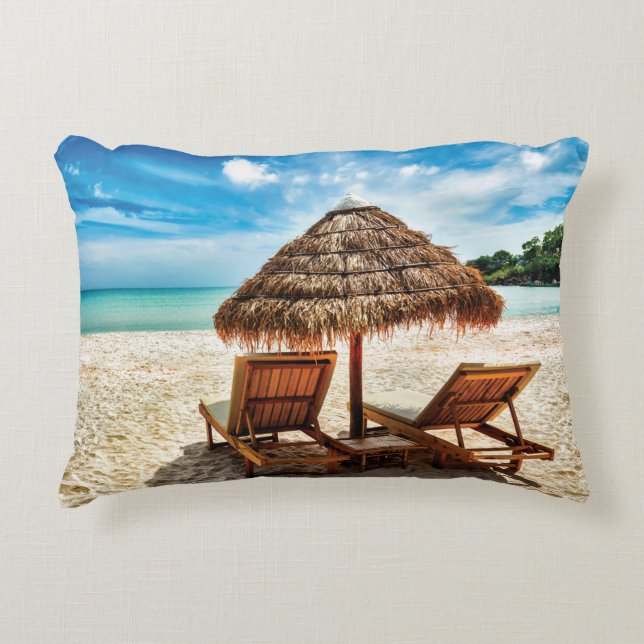 Lounge chairs on beach throw pillow (Front)
