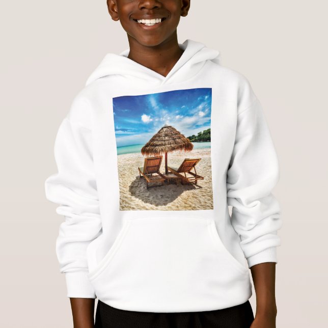 Lounge chairs on beach throw pillow (Front)