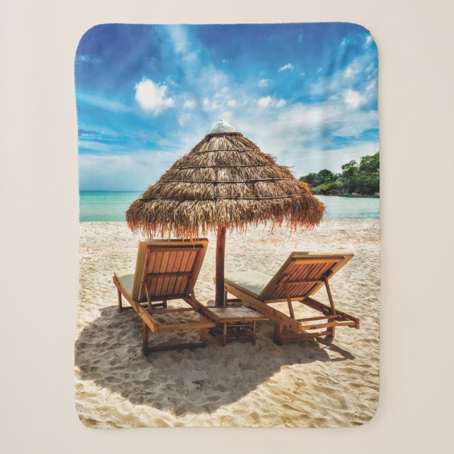 Lounge chairs on beach throw pillow (Front)