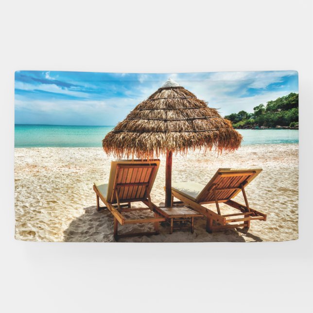 Lounge chairs on beach throw pillow banner (Horizontal)
