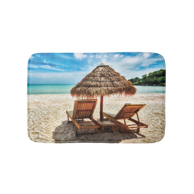 Lounge chairs on beach throw pillow bath mat (Front)