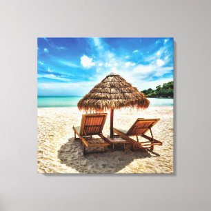 Lounge chairs on beach throw pillow canvas print