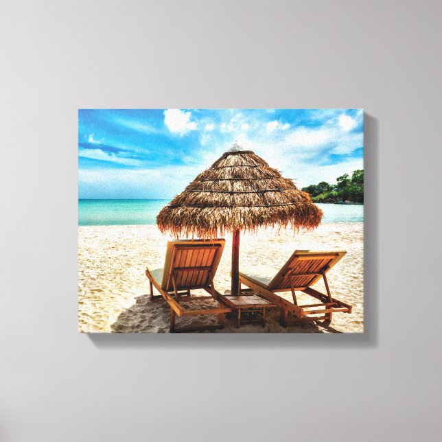 Lounge chairs on beach throw pillow canvas print (Front)