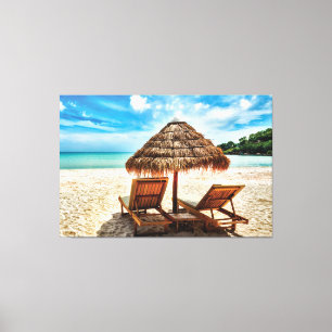 Lounge chairs on beach throw pillow canvas print