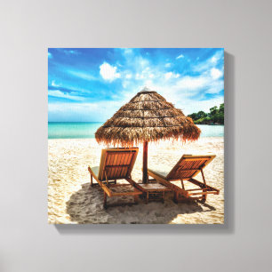 Lounge chairs on beach throw pillow canvas print