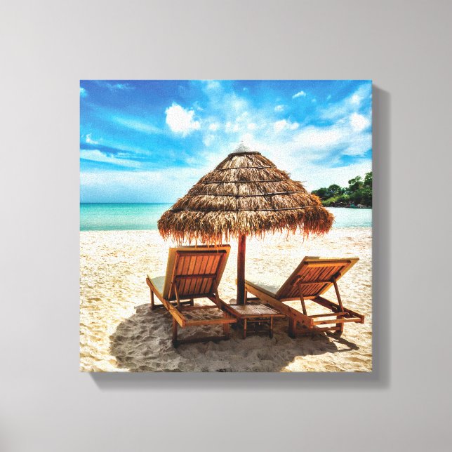 Lounge chairs on beach throw pillow canvas print (Front)