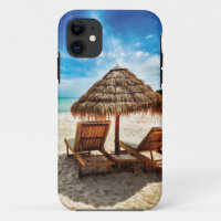 Lounge chairs on beach throw pillow